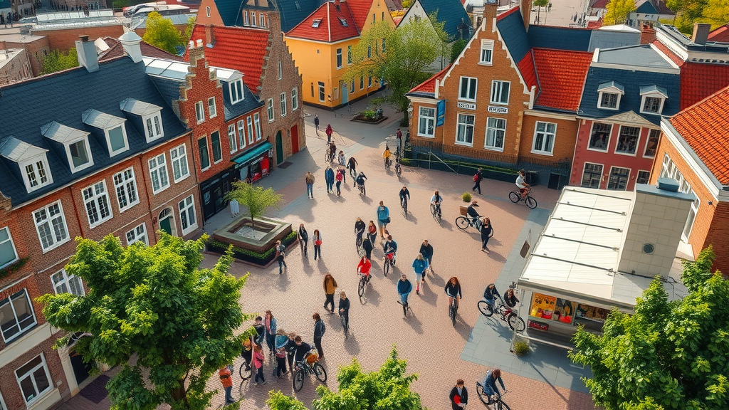 Vibrant aerial view of Hoogstraten town center with bustling school children and bicycles, is Hoogstraten een onderwijsstad