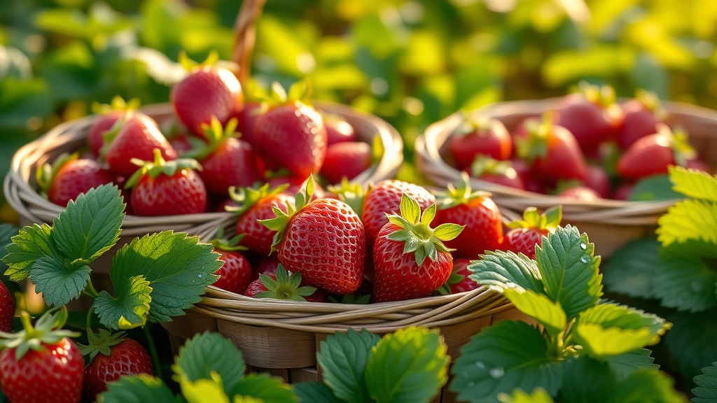 Glanzend rode aardbeien uit Hoogstraten in artisan houten manden, omringd door groene planten op een Belgisch veld