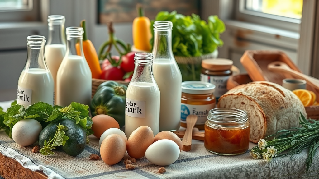Vers assortiment hoevewinkel streekproducten: melk, eieren, groenten en brood authentiek gepresenteerd