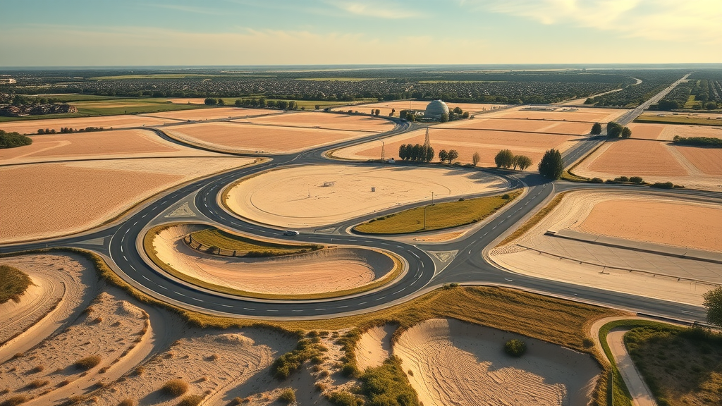 unique blend of urban and rural features in Noorder Kempen, serene fields adjacent to growing towns, some construction and modern infrastructure visible, lush green landscape transitioning to developed areas, highly detailed, birds in flight, natural movement, golden hour lighting, shot with a wide-angle lens.