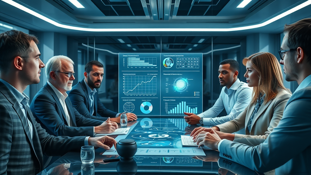 toekomst van werk zakelijke dienstverlening - brainstormende professionals verwerken holografische data in futuristische kantooromgeving