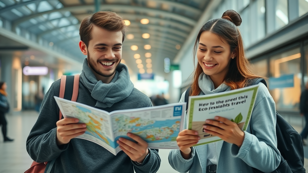 Toekomst toerisme België: jonge reizigers met digitale kaarten in duurzaam Belgisch station, innovatieve aspecten