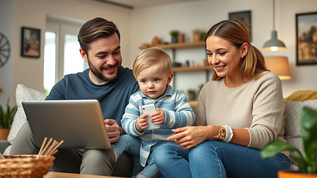 Jong Belgisch gezin kiest tussen kopen of huren, ouders en kind bekijken woningen op laptop, warme huiselijke living, Photorealistic High Fidelity Lifelike