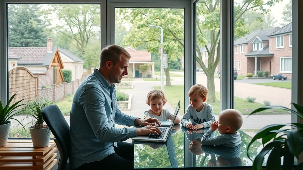Modern thuiskantoor, ondernemer werkt in balans met familie, hoogstraten zakelijk en prive
