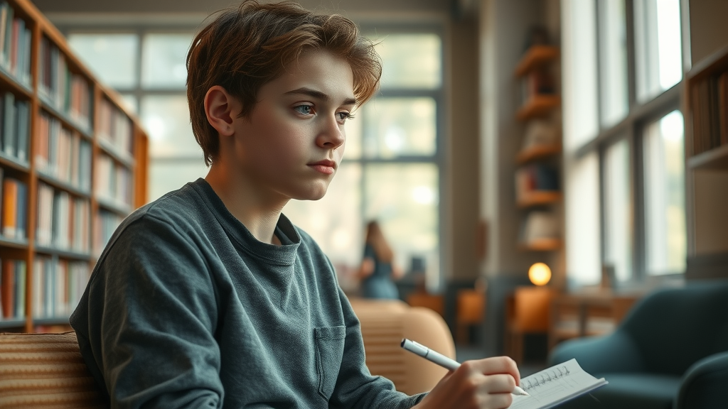 persoonlijke vorming betekenis: leerling reflecteert in een gezellige schoolbibliotheek