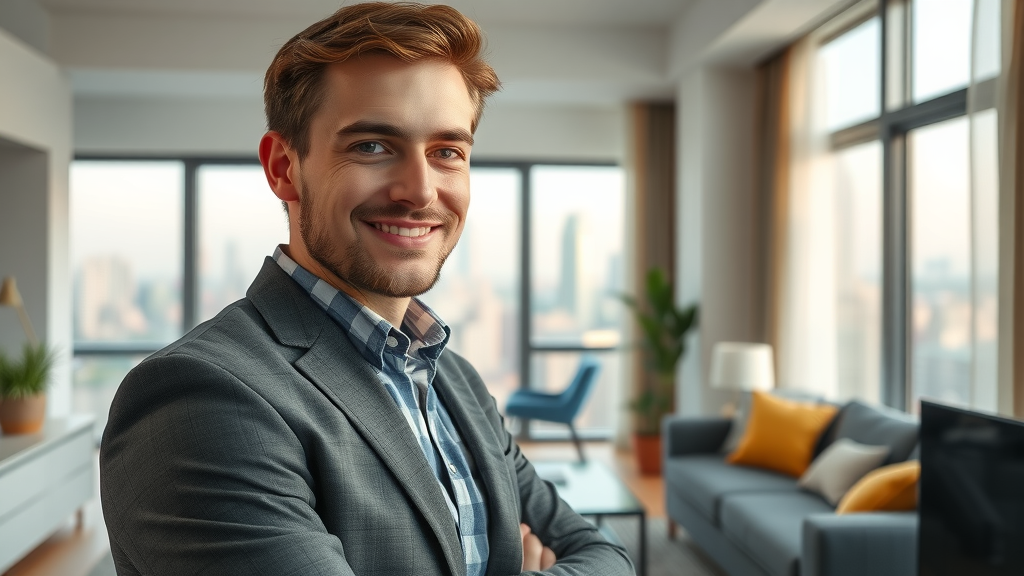 Jonge professional ontvangt sleutel trendy Belgisch appartement, ontspannen en tevreden, lichte stedelijke skyline, Photorealistic High Fidelity Lifelike