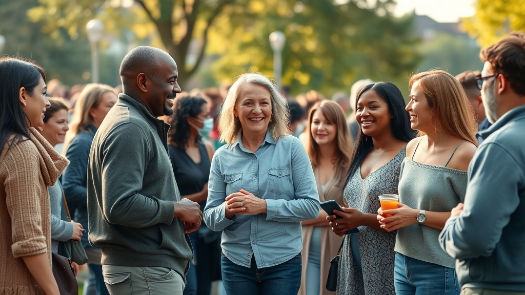 migration trends noorder kempen: diverse urban park community in Noorder Kempen, various ethnic backgrounds, lively conversations, photorealistic