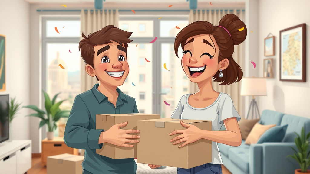 Young unmarried couple moving into a new apartment in Noorder Kempen, celebrating with confetti and a city view.