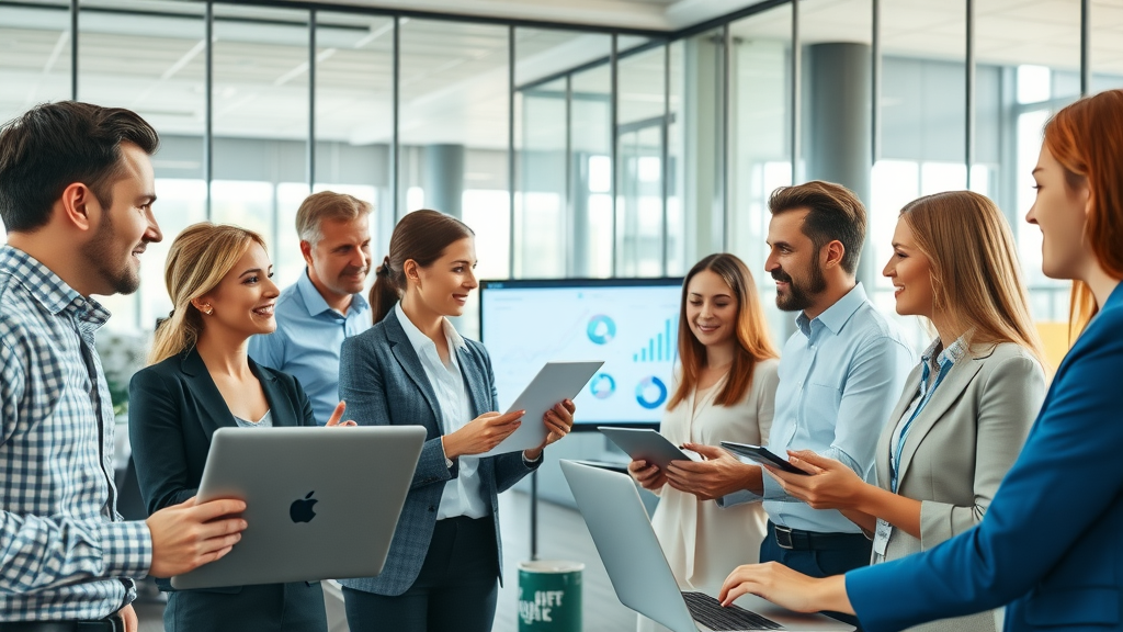 toekomst perspectief werkgelegenheid zakelijke dienstverlening - moderne Nederlandse kantooromgeving, professionals werken samen aan zakelijke projecten, datatrends zichtbaar op schermen