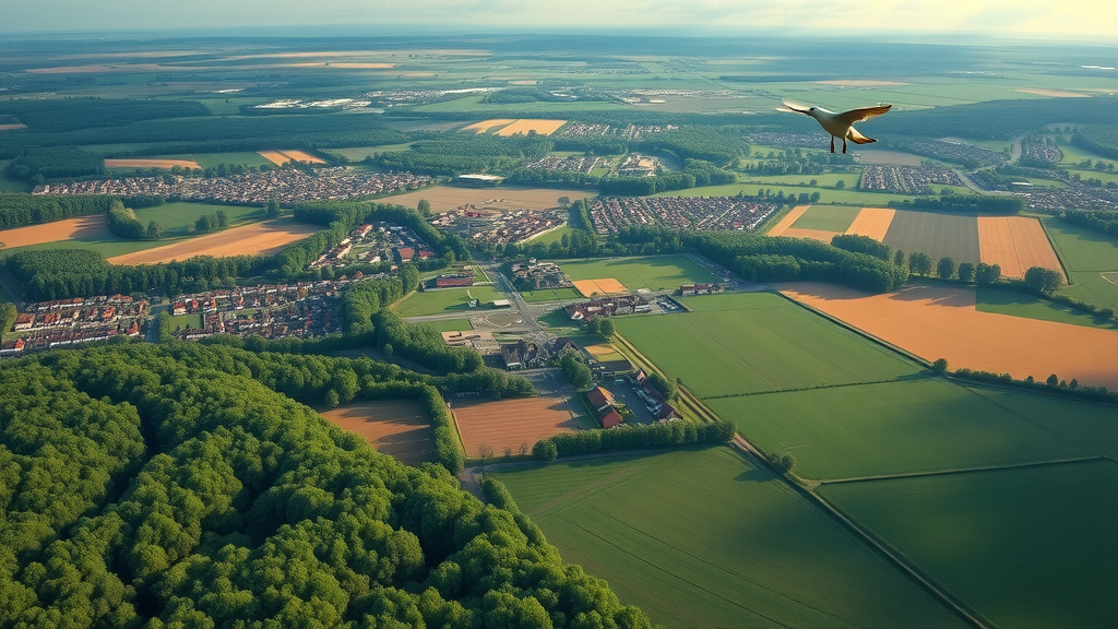 Aerial view bevolkingsopbouw noorder kempen belgie - urban and rural settlements, green forests, villages, agricultural fields