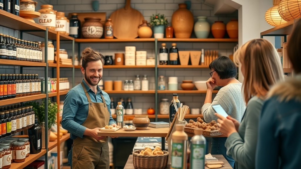 cozy winkel in hoogstraten met Belgische producten, winkelier verwelkomt klanten, sfeervolle winkel displays