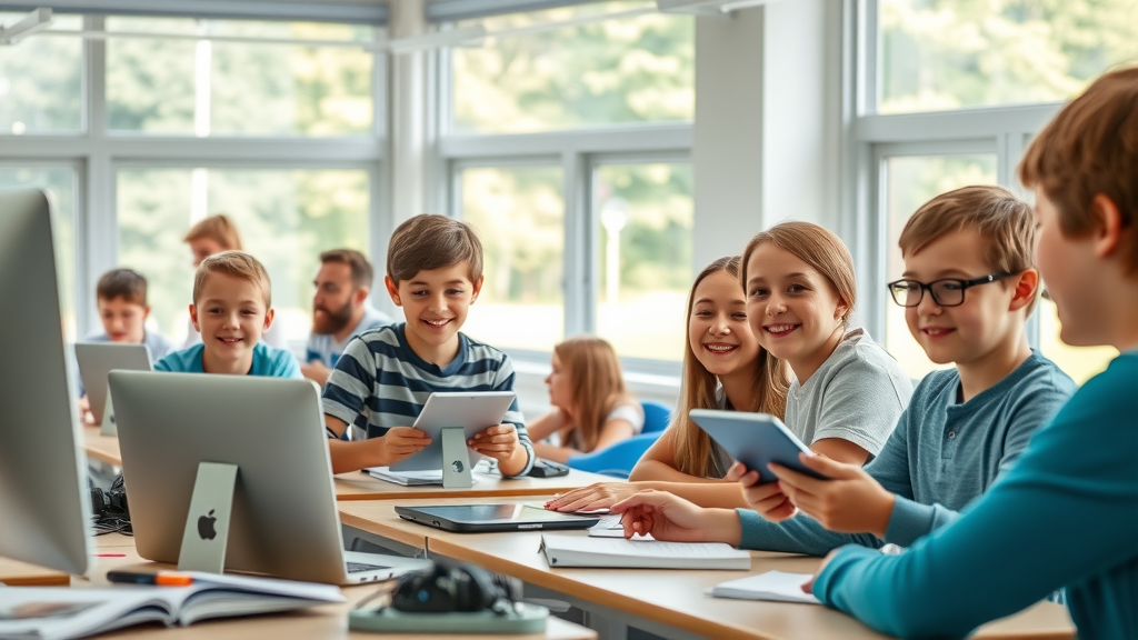 Authentic classroom scene in Hoogstraten with cheerful students and digital tools, is Hoogstraten een onderwijsstad