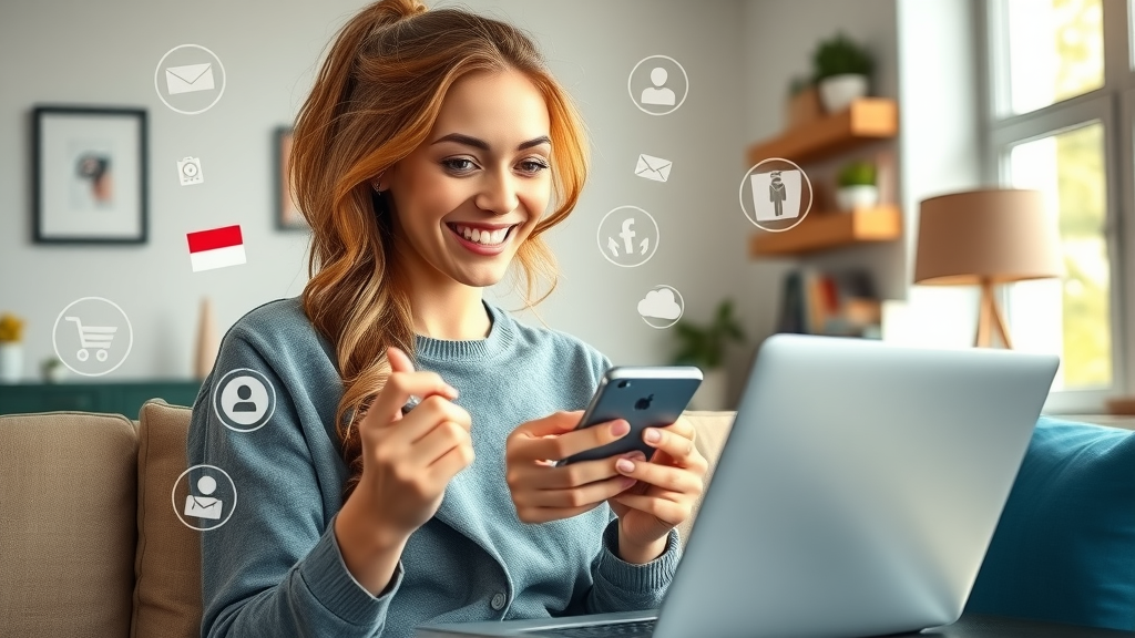 online winkelen jonge vrouw thuis laptop mobiel digitale iconen toekomst fysieke winkels