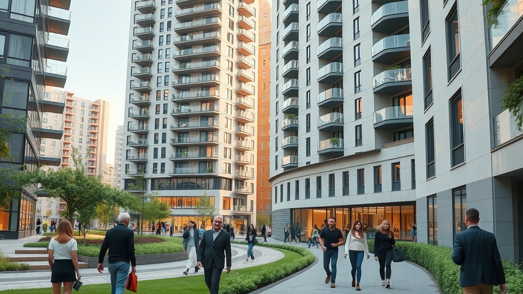 Modern appartementengebouw met bewoners die sociale interactie hebben | appartementen ideaal in de toekomst ? | stedelijke omgeving, groene zones, moderne infrastructuur, levendige mensen, scherpte, realistische kleuren, helder daglicht, gefotografeerd met groothoeklens