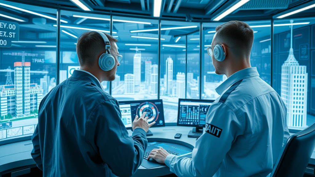 artificial intelligence in de bouwsector - Futuristische AI-ruimte met ingenieurs bij digitale dashboards en bouwmodellen.