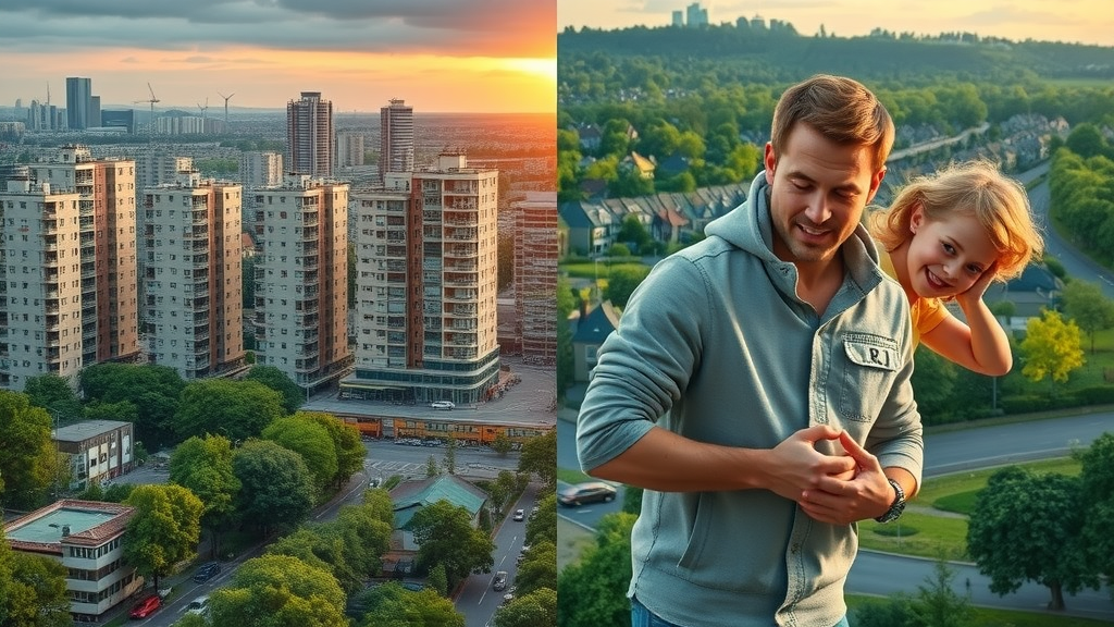 Contrasting urban and rural family living in Noorder Kempen and the capital region, showing city apartments next to green suburbs.