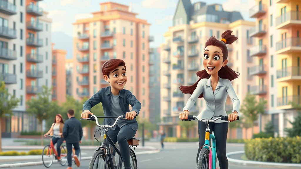 Jonge professionele huurders betrekken moderne appartementen, interactief stadsleven, fietsen, wandelen in frisse pastelkleuren, medium lens | investeren in vastgoed | groeiende vraag jonge stedelingen