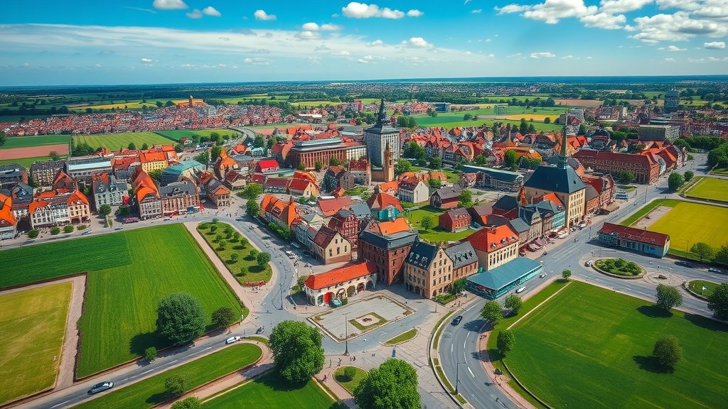 Captivating aerial view of Noorder Kempen, with cityscape blending with rural farmlands and distinctive Belgian architecture, bustling community squares, and subtle traffic movement, under a blue sky. demographics noorder kempen belgium