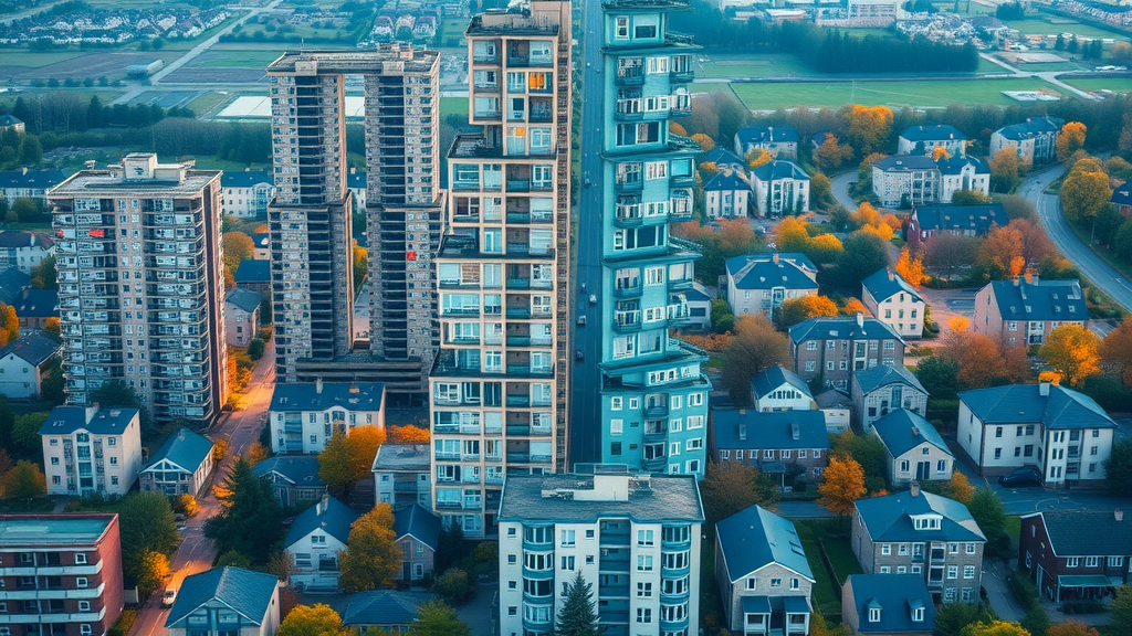 Infographic met vergelijking tussen appartementen en huizen, stads- versus suburbaan, duurzaam versus traditioneel wonen, heldere blauwe en oranje accenten, bird
