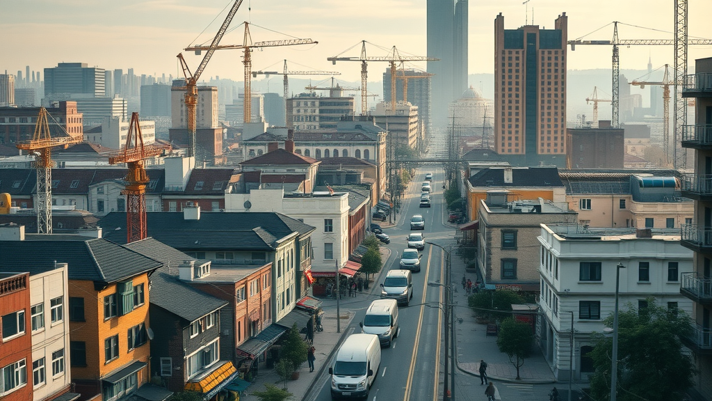 growing cityscape with infrastructure stress, traffic congestion, new building construction, residents adapting, urban neighborhood with cranes and busy streets, highly detailed, flowing traffic and pedestrians, contrast between old buildings and modern structures, mixed warm-cool tones, mid-morning light, shot with a 35mm lens.