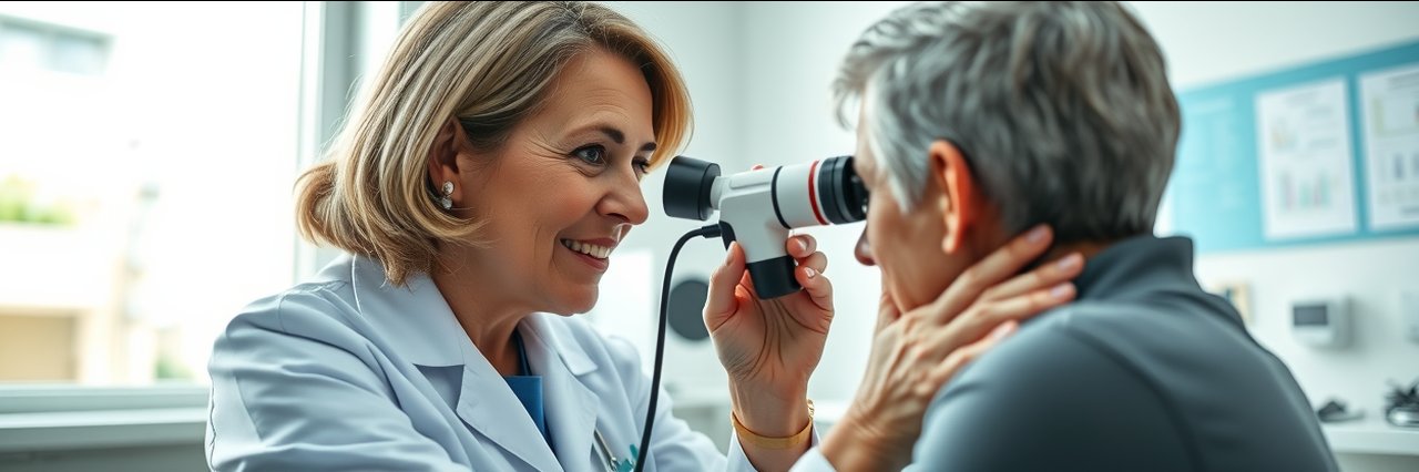 Oor keel neus specialist examining patient in modern ENT clinic, natural lighting.
