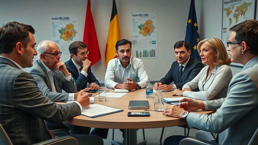 Thought-provoking policy discussion among local officials and community representatives, with Belgian and EU flags and community charts. policy demographics noorder kempen belgium