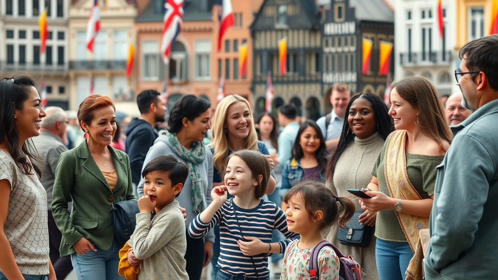 Vivid multicultural community gathering with people of various ethnic backgrounds in a town square, Flemish-style buildings, vibrant attire, and children playing. ethnic diversity demographics noorder kempen belgium