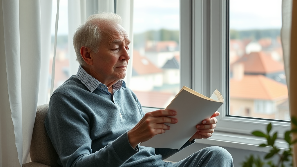 Independent senior citizen reading by window in a minimalist Noorder Kempen apartment with a view of town rooftops.