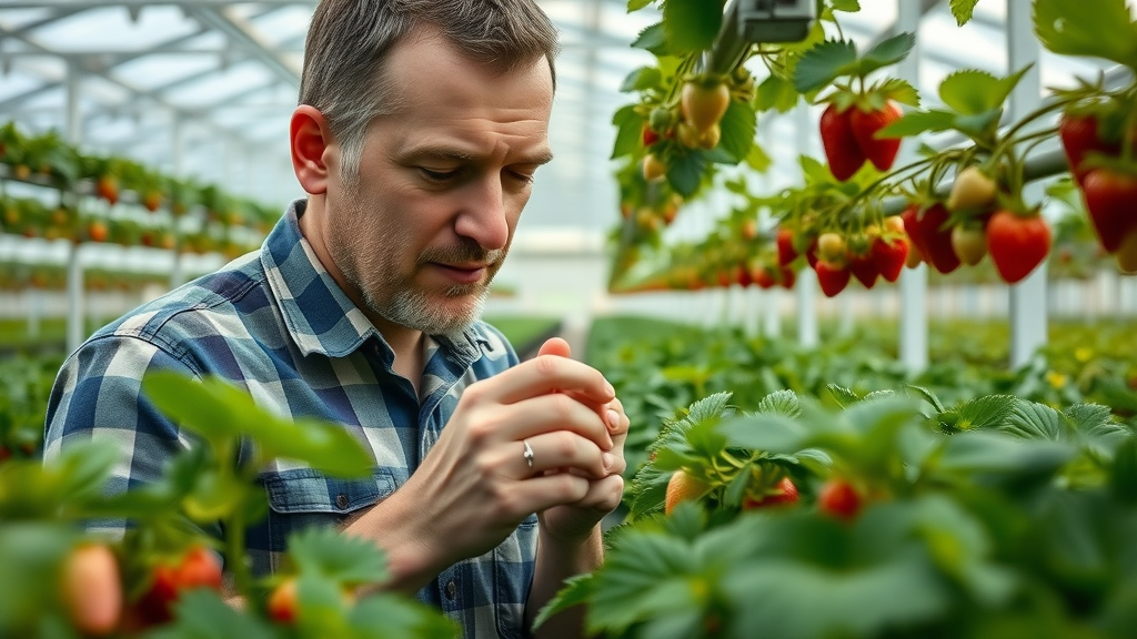 Belgische aardbeienteler inspecteert Hoogstraten aardbeien in een serre, tussen weelderige planten