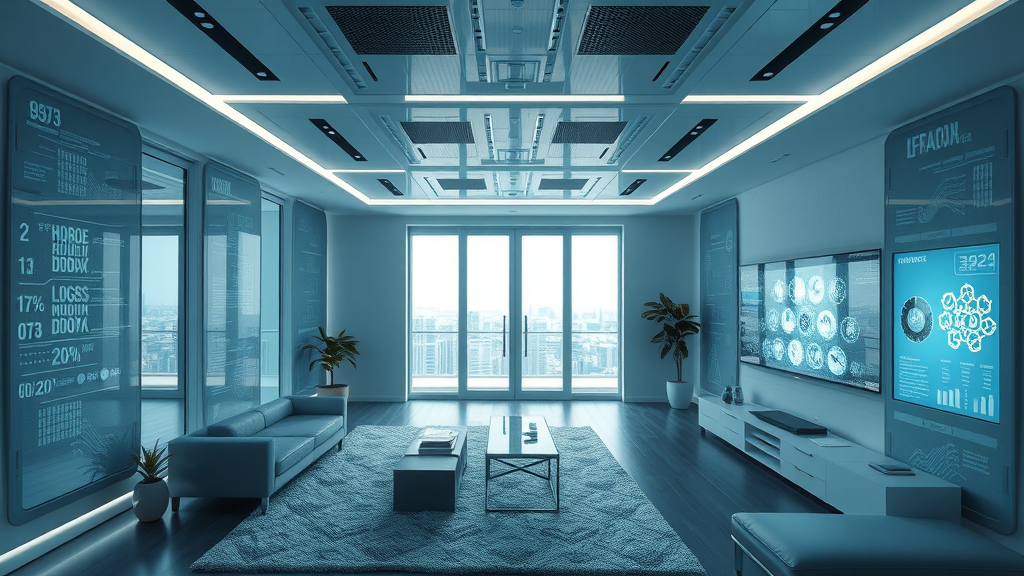 Innovatief high-tech appartement met geïntegreerde slimme technologieën, stijlvolle smart home, digitale panelen, flexibele ruimtes, koele blauwe en zilveren tinten, diffuus binnenlicht, wide-angle lens | gira system | digitalisering van beheer