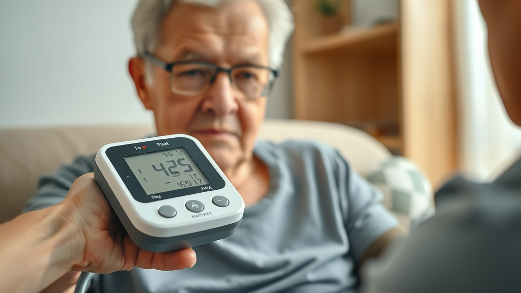Automatic blood pressure monitor in use by elderly in noorder kempen