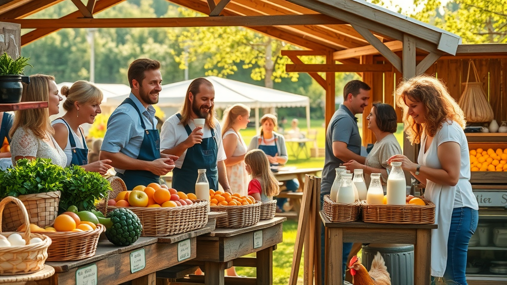 Hoevewinkel streekproducten bij zonnige boerderijmarkt met lokale boeren en verse producten