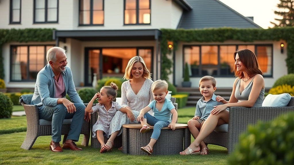 Elegant family in affluent suburban Belgian setting, outside a modern villa with manicured lawns and decorative hedges, upscale architecture. wealthy living demographics noorder kempen belgium