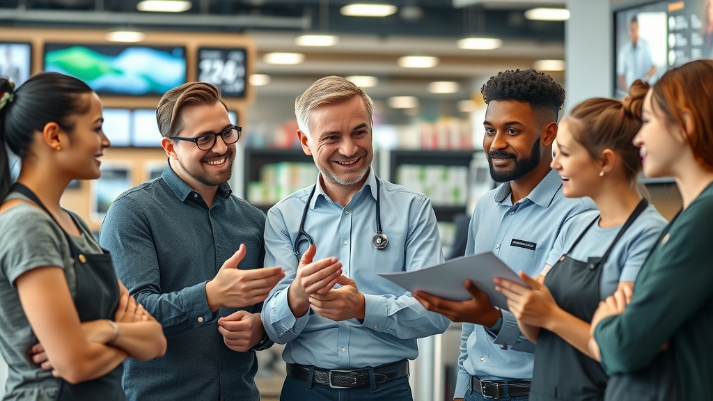 vooruitstrevende winkelmanager bespreekt met jong team toekomst fysieke winkels brainstormen innovatie