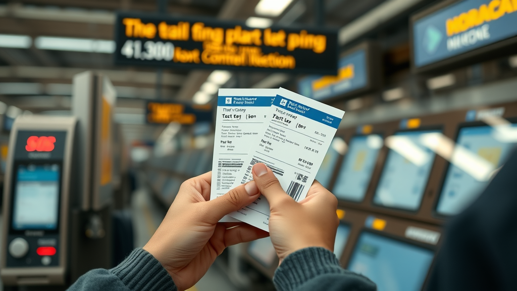 Close-up of hands holding modern train tickets at a Noorder Kempen station, purchasing at ticket counter with digital screens.