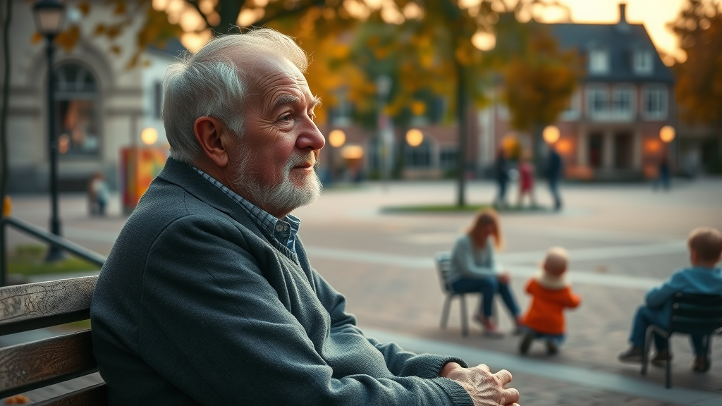 Oudere man overdenkt bevolkingsopbouw noorder kempen belgie, park, kinderen spelen