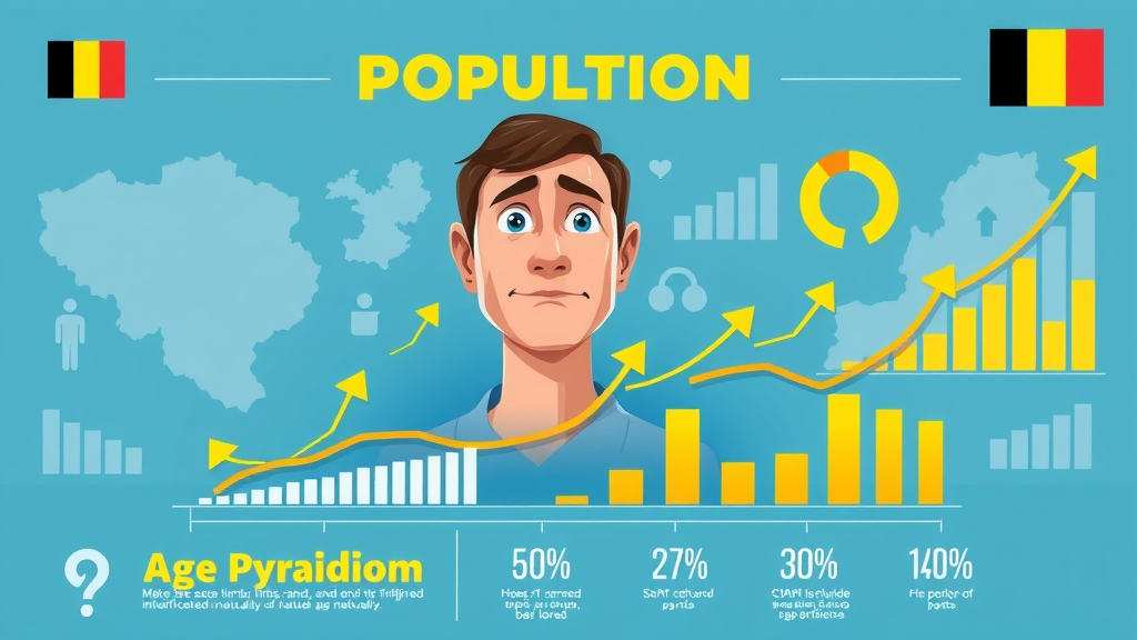 Insightful infographic illustrating population growth and age pyramid trends, with outlines of Belgian maps and demographic charts, blue and yellow palette. crude birth rate noorder kempen belgium