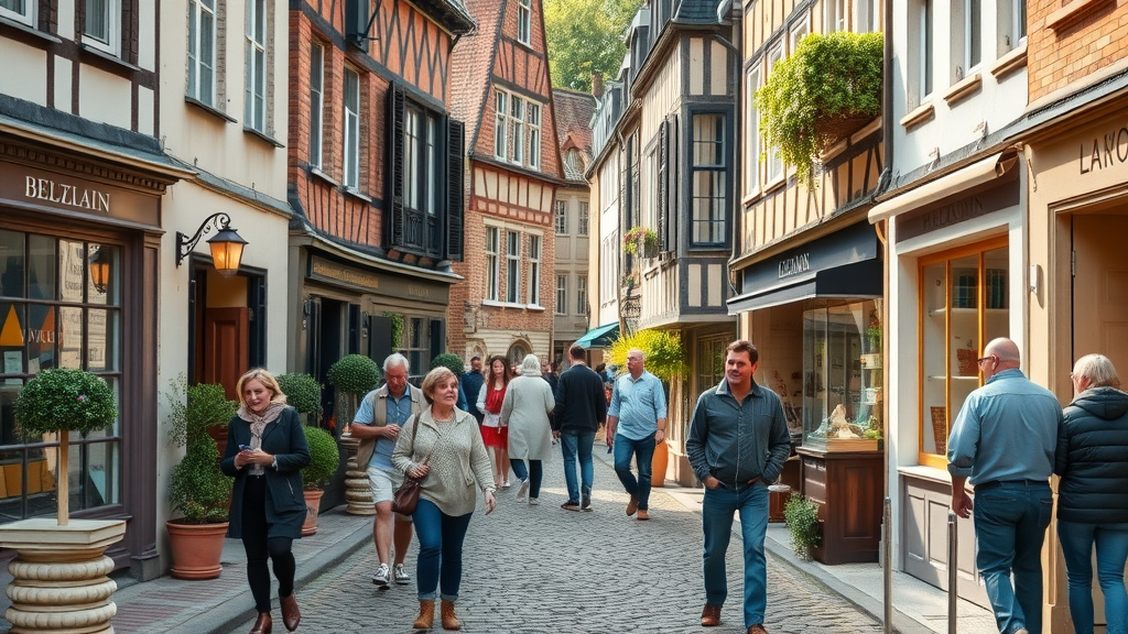 Maatschappelijke gevolgen van toekomst toerisme België: lokale ondernemers ontmoeten toeristen op een dorpsplein