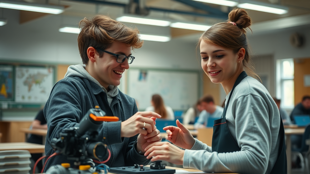 ict vs handarbeid leerlingen werken samen aan een tech-en-handarbeidproject, hybride klas