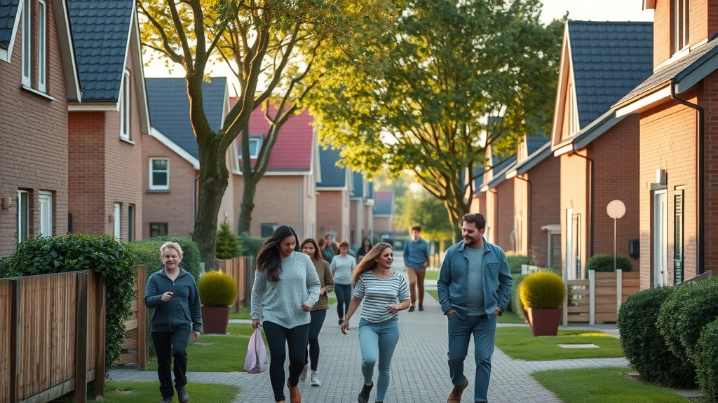 Modern Flemish neighborhood in Noorder Kempen with diverse families, varied housing types, and children playing outdoors.
