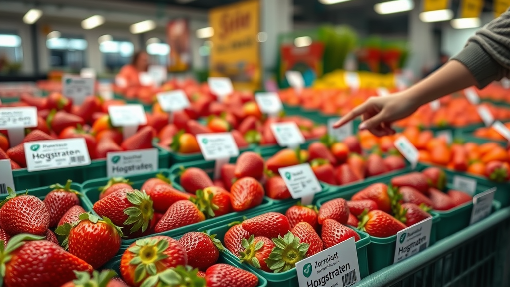 Hoogstraten aardbeien in premium verpakking met duidelijk keurmerk op een marktkraam