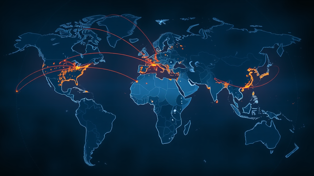migration trends noorder kempen: global migration movement map, illuminated migration paths to Europe, digital and photorealistic
