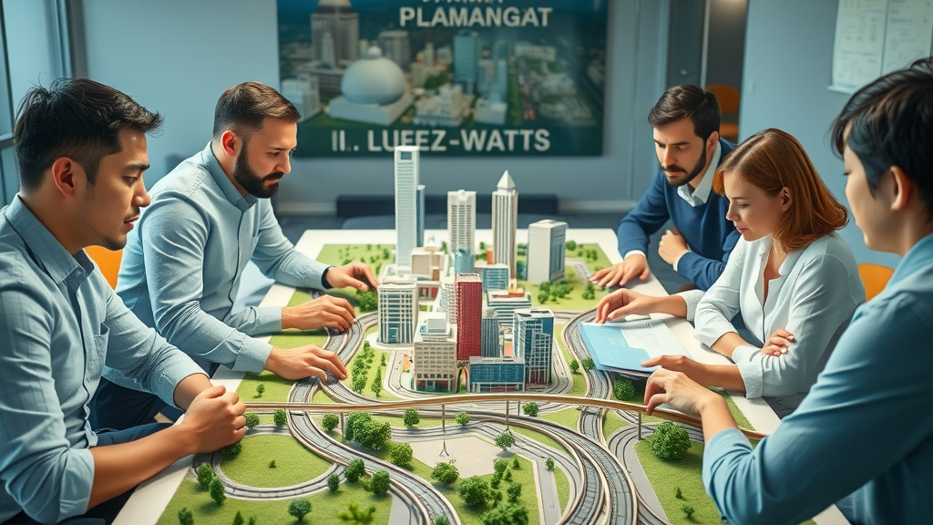 Urban planning team reviewing a city model of Noorder Kempen with miniature trains and green spaces.