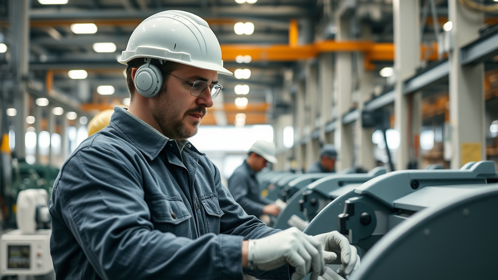 Vastberaden Belgische industriële arbeiders werkend aan moderne machines in innovatieve fabriek - welke industrie in belgie is toekomstbestendig