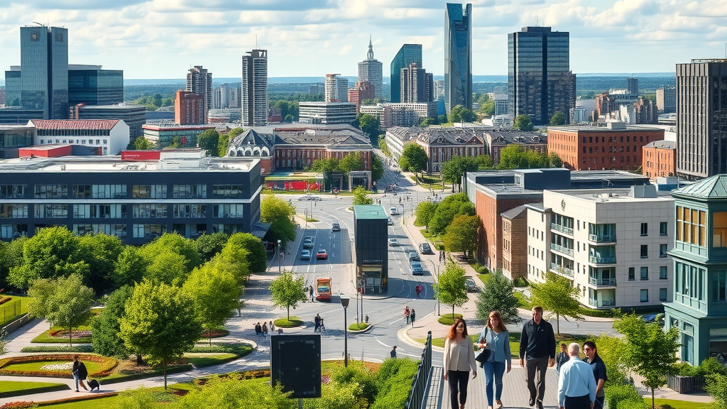 Vibrant cityscape: hoogstraten zakelijk en prive, moderne bedrijven naast groene woonwijken