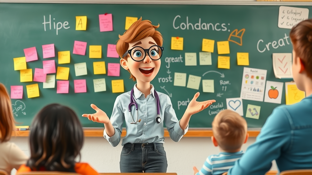 creativiteit in het onderwijs: inspirerende leerkracht leidt brainstormsessie met kleurrijke kunstwerken