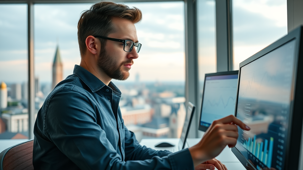 Insightful data visualization of household statistics Noorder Kempen with a thoughtful analyst studying digital charts in a modern office overlooking the cityscape.