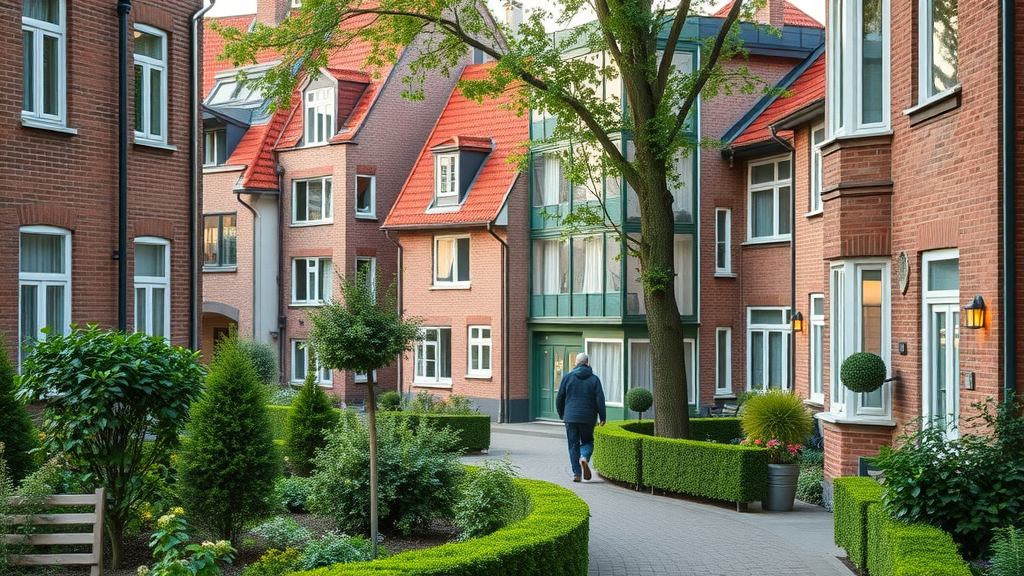 Modern Belgische woonwijk verkennen, woning kopen vs huren, mensen wandelen door bakstenen huizen, frisse tuinen, stedelijk straatbeeld, Photorealistic High Fidelity Lifelike