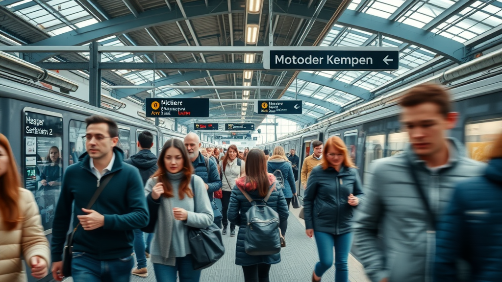 Busy Noorder Kempen train station with commuters of all ages using digital ticket kiosks and modern infrastructure.