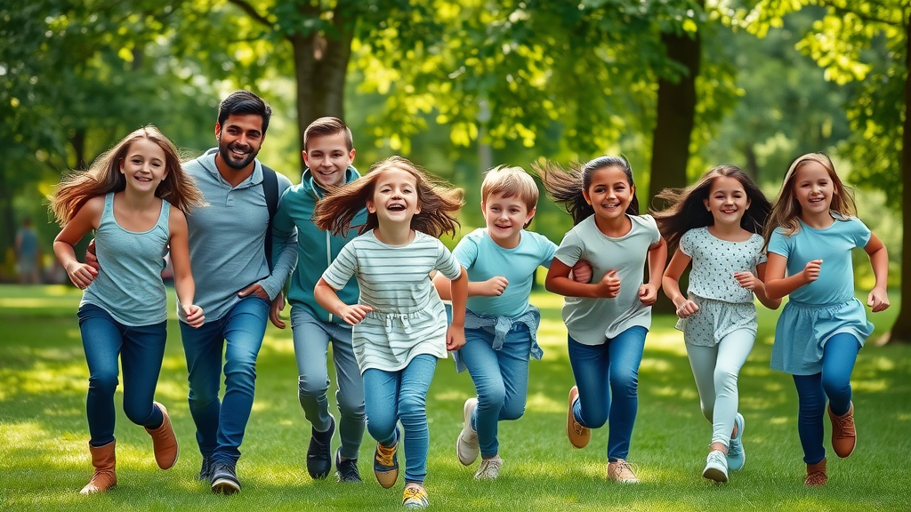 Diverse family group with children enjoying outdoor activity in a lush Noorder Kempen park.